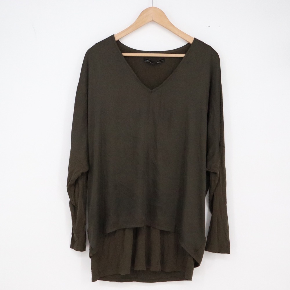 White House Black Market Top Womens L Layered High-Low Olive Green V-Neck Exc